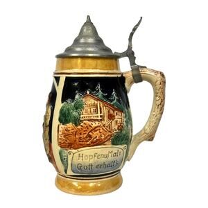 Vintage West Germany 0.5L 8" Beer Stein w/Inscriptions and Decorative Pewter Lid